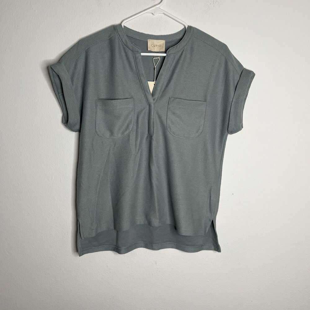 CUPIO Women's Green Gray Solid V Neck Short Sleeve High Low Pullover Top Sz S